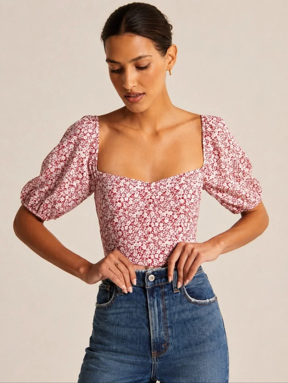 Abercrombie & Fitch Ditsy Floral Puff Sleeve Crop Top Size M Red Sweetheart Neck